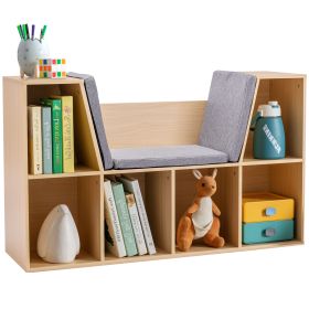 HOMCOM Kids 6-Cube Bookcase Organizer with Reading Nook, Natural Bedroom Storage with Seat Cushion, Playroom Shelf, 40.5x12x23.5