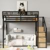 Full Size Loft Bed with Stairs, Metal Full Loft Bed with Storage Shelves, High Loft Bed with Wardrobe for Kids Teens