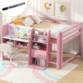 Full Size Low Loft Bed with Built-in Desk,Storage Cabinets and Open Bookcase,Whiteboard for Graffiti,Pink(ETA:7/8)