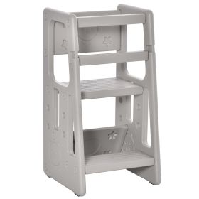Qaba Adjustable Toddler Tower, Gray Kitchen Stool Helper with Anti-slip Mat for Kitchen, Bathroom & Bedroom Step Stool