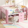 Full Size Low Loft Bed with Built-in Desk,Storage Cabinets and Open Bookcase,Whiteboard for Graffiti,Pink(ETA:7/8)