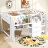 Full Size Low Loft Bed with Built-in Desk,Storage Cabinets and Open Bookcase,Whiteboard for Graffiti,White(ETA:7/8)