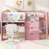 Full Size Low Loft Bed with Built-in Desk,Storage Cabinets and Open Bookcase,Whiteboard for Graffiti,Pink(ETA:7/8)