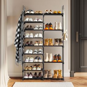 Double Row 9 Tier Shoe Rack with Handles Non Woven Fabric Shoe Organizer with Sturdy Iron Tubes PP Pads and Plastic Connectors Space Saving Closet Sto (Color: Black)