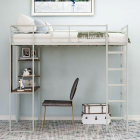 Twin Metal Loft Bed with 2 Shelves and one Desk (Color: Silver)