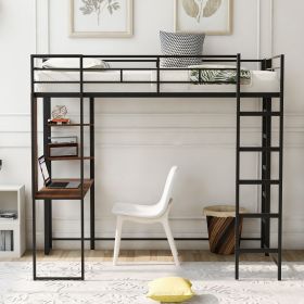 Twin Metal Loft Bed with 2 Shelves and one Desk (Color: Black)
