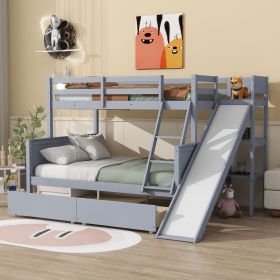 Twin over Full Bunk Bed with 2 Drawers,Slide,Shelves,Ladder,Rubber Wood Bunk Bed with Slide,Drawers,Grey (Color: Grey, Material: Rubber Wood)