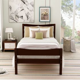 Twin Size Wood Platform Bed with Headboard and Wooden Slat Support (Color: Espresso)