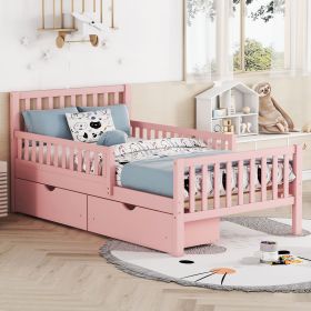 Twin Size Wood Platform Bed with Guardrails on Both Sides and Two Storage Drawers (Color: pink)