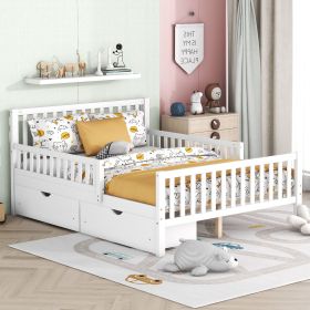 Full Size Wood Platform Bed with Guardrails on Both Sides and Two Storage Drawers (Color: White)