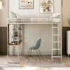 Full Size Metal Loft Bed with 2 Shelves and one Desk