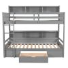 Twin Size Bunk Bed with Built-in Shelves Beside both Upper and Down Bed and Storage Drawe