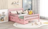 Full Size Wood Platform Bed with Guardrails on Both Sides and Two Storage Drawers