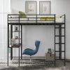 Full Size Metal Loft Bed with 2 Shelves and one Desk