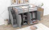 Functional Loft Bed with 3 Shelves;  2 Wardrobes and 2 Drawers;  Ladder with Storage;  No Box Spring Needed